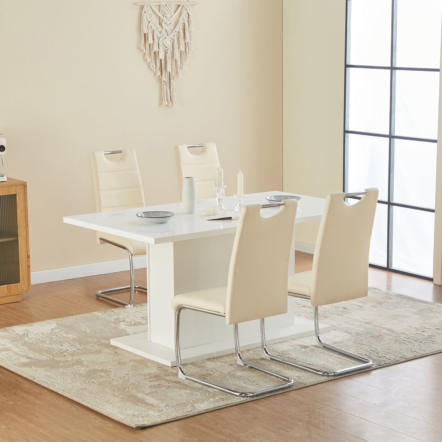 ANN-HANDLE Upholstered Dining Chair with Arched Iron Legs - Beige