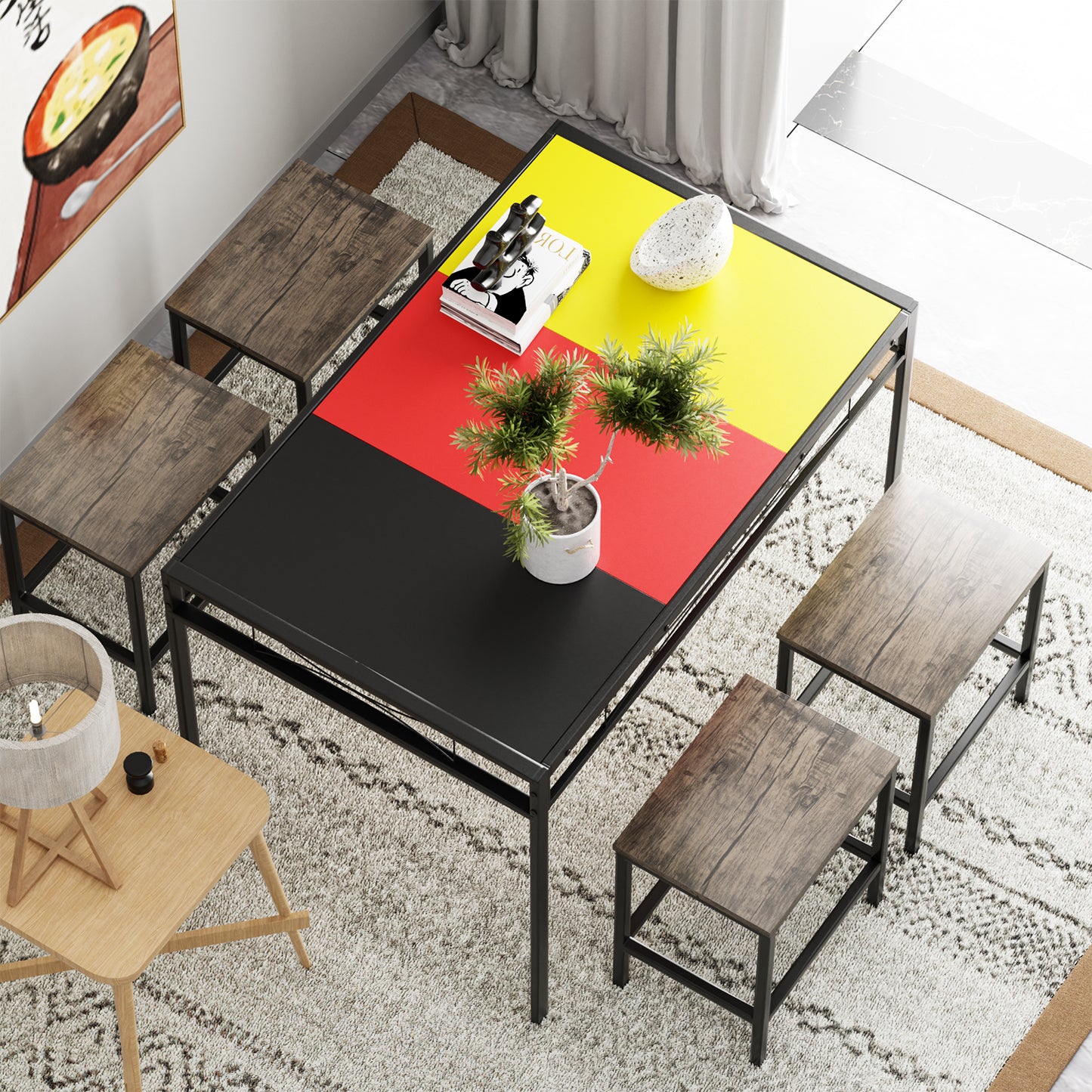 NABERY 110cm Two Styles Dining Table With Iron Legs-Black Red Yellow Blue White