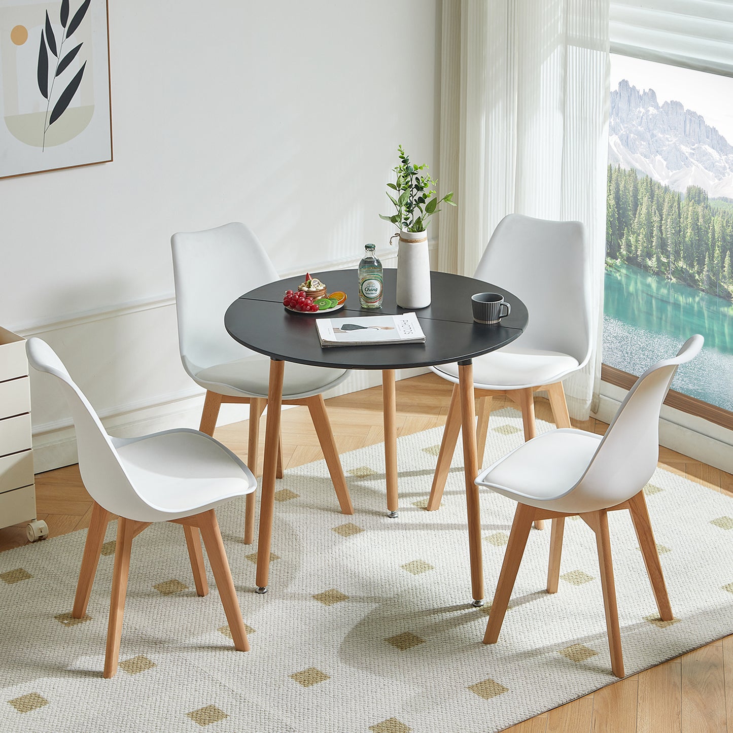 PEA 80cm Circle Dining Table With Three Beech Legs-Black