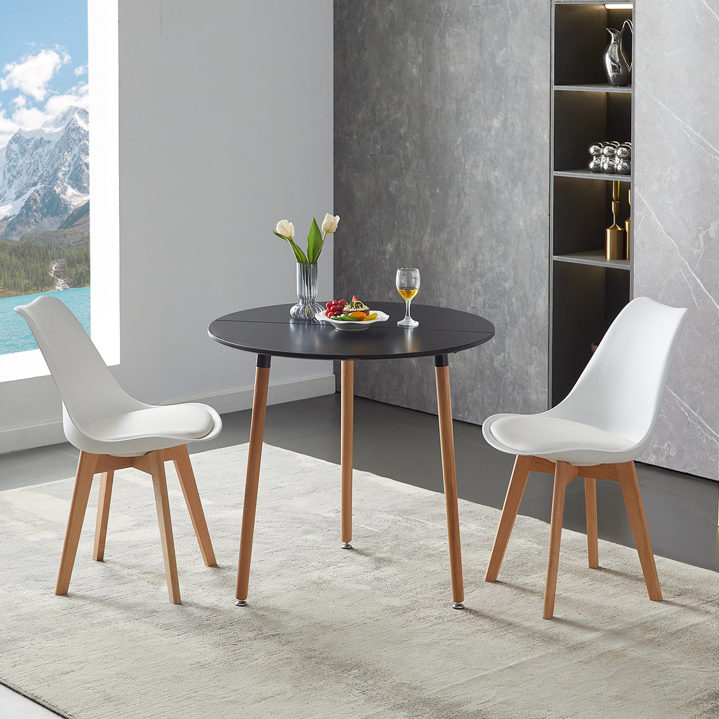 PEA 80cm Circle Dining Table With Three Beech Legs-Black