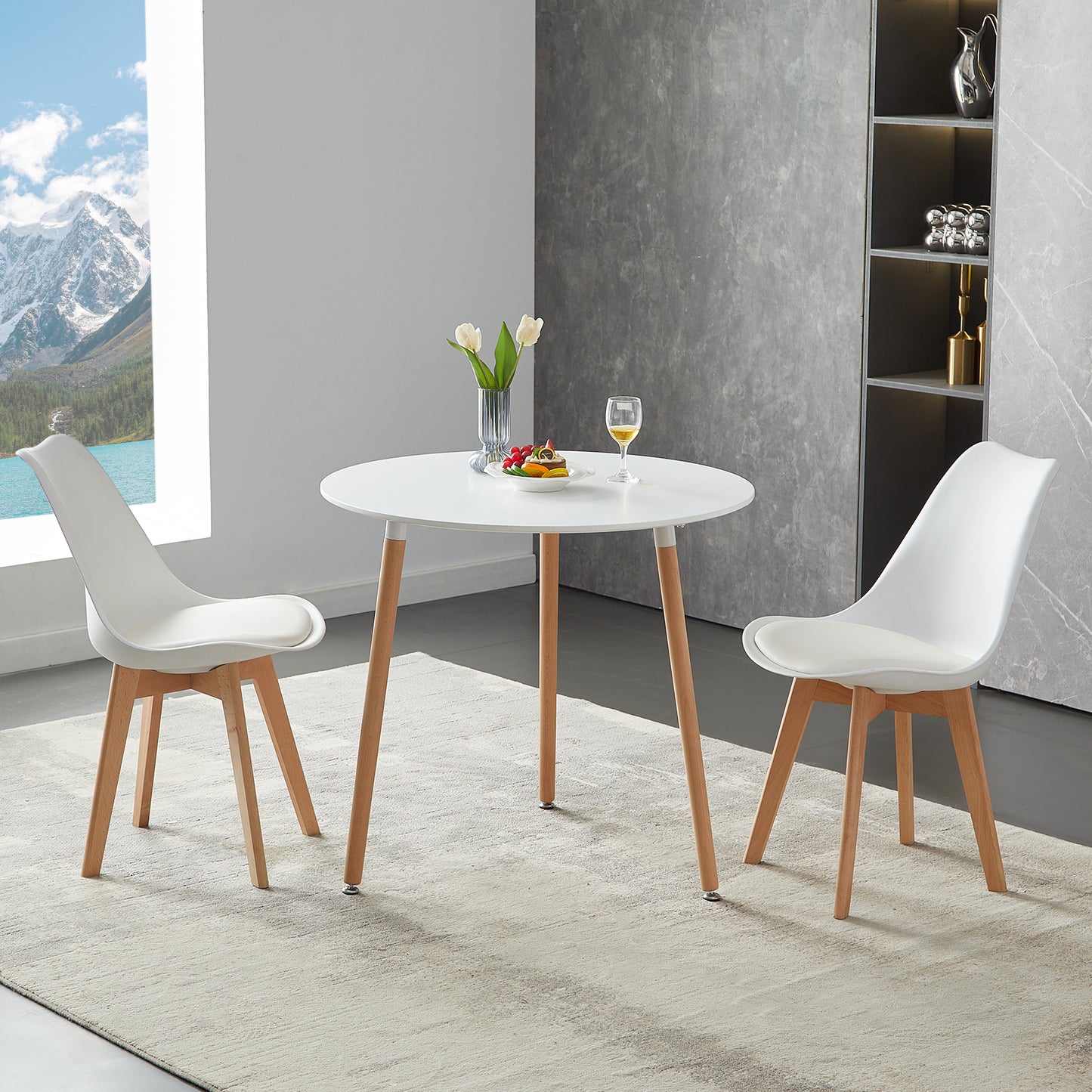 PEA 80cm Circle Dining Table With Three Beech Legs-White