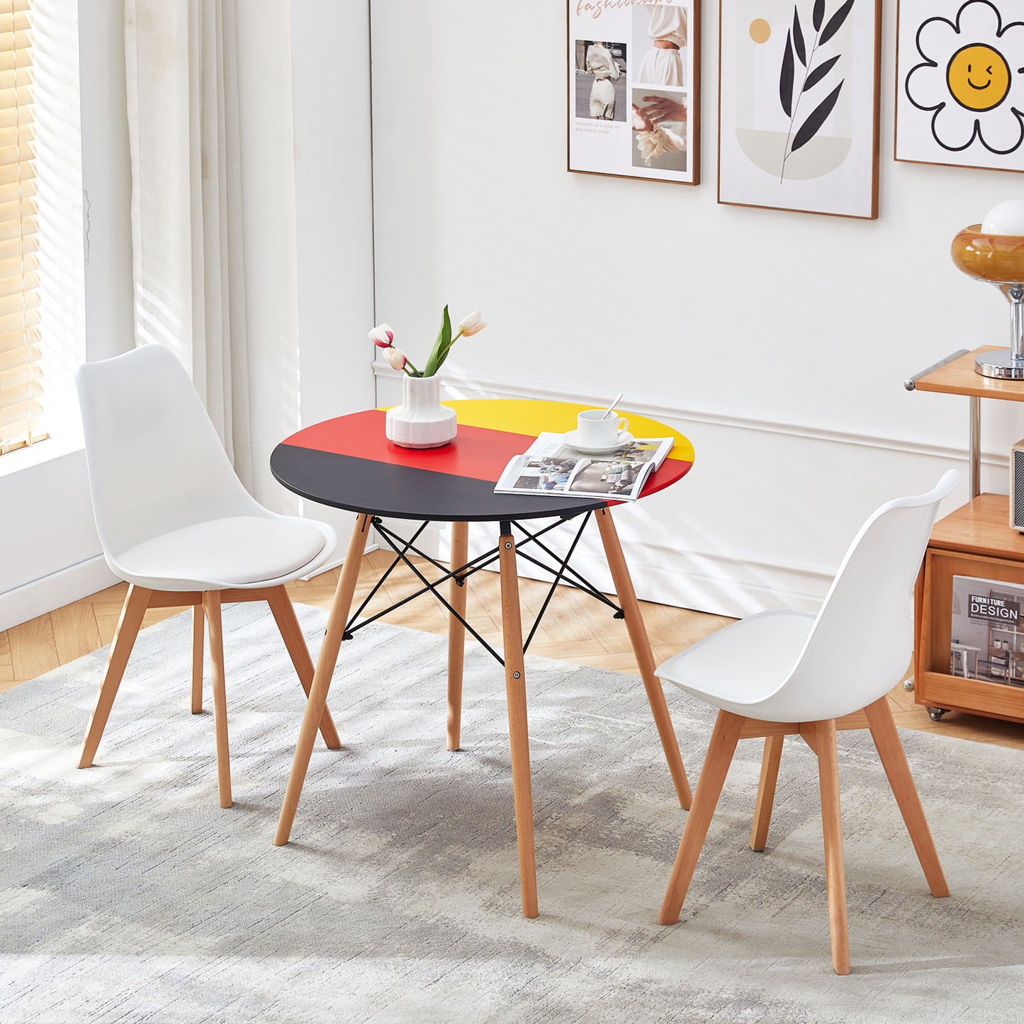 RAY 80cm Circle Splicing Dining Table With Beech Legs-Black Red Yellow