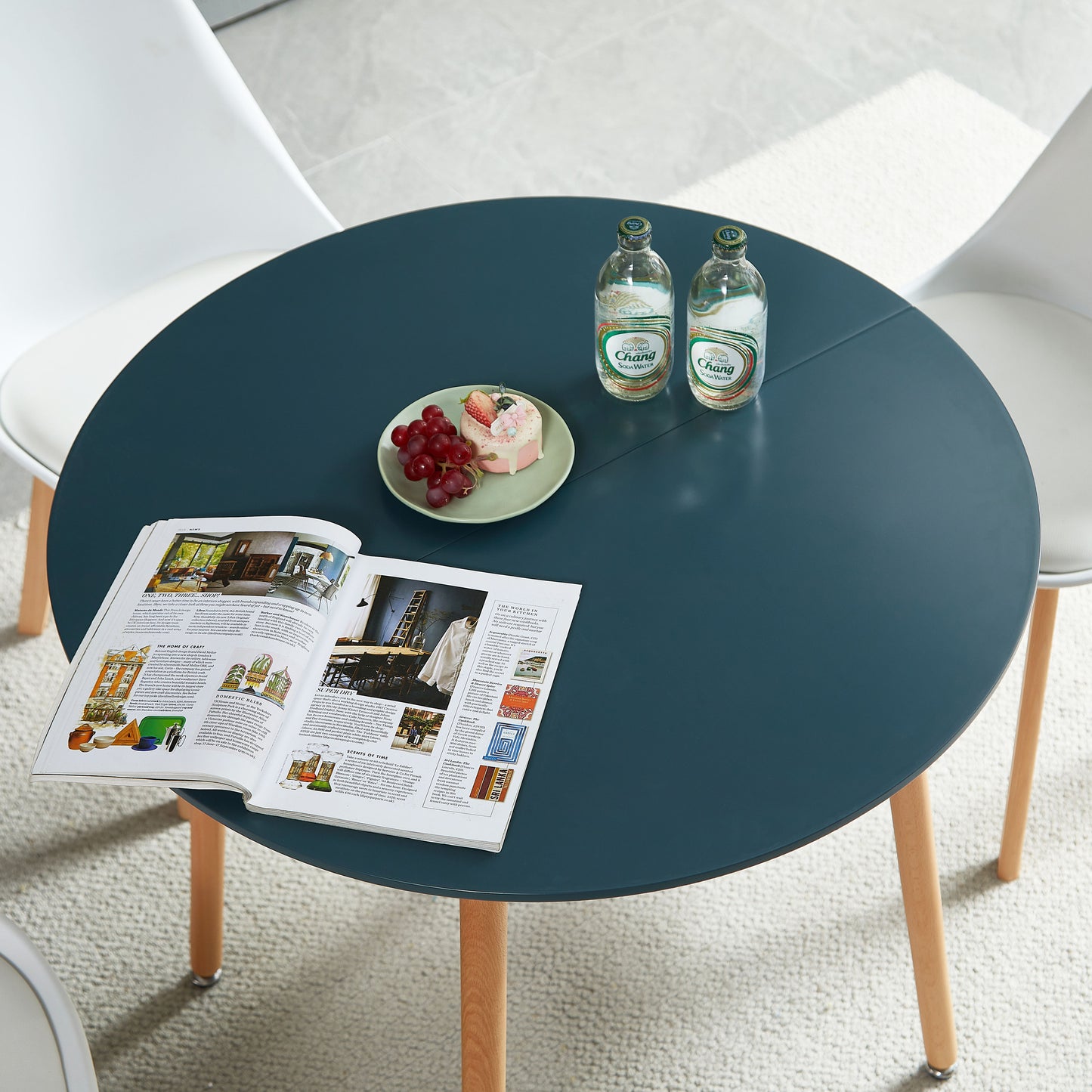 RONALD 80cm Circle Dining Table With Beech Legs-Dark Gray Blue