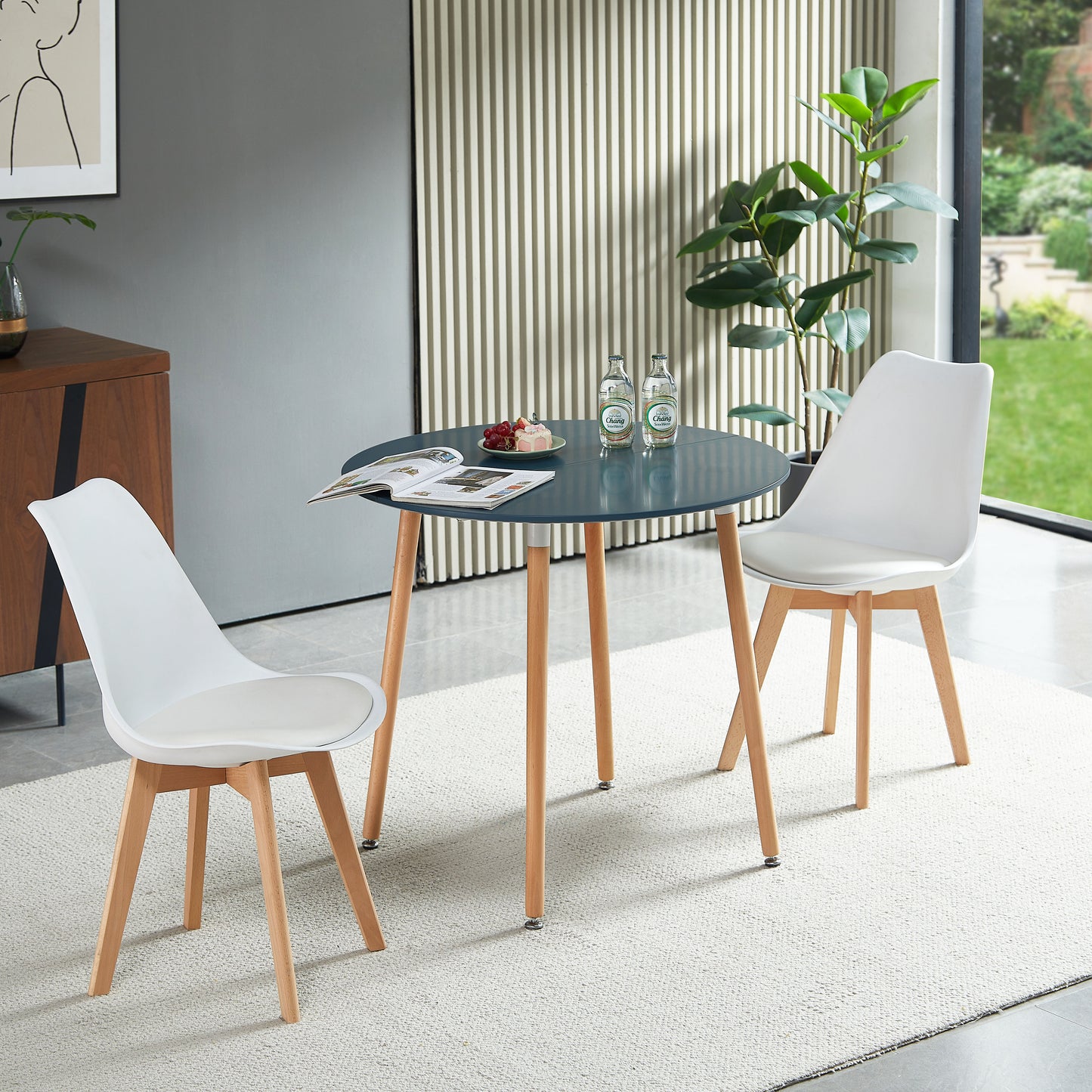 RONALD 80cm Circle Dining Table With Beech Legs-Dark Gray Blue