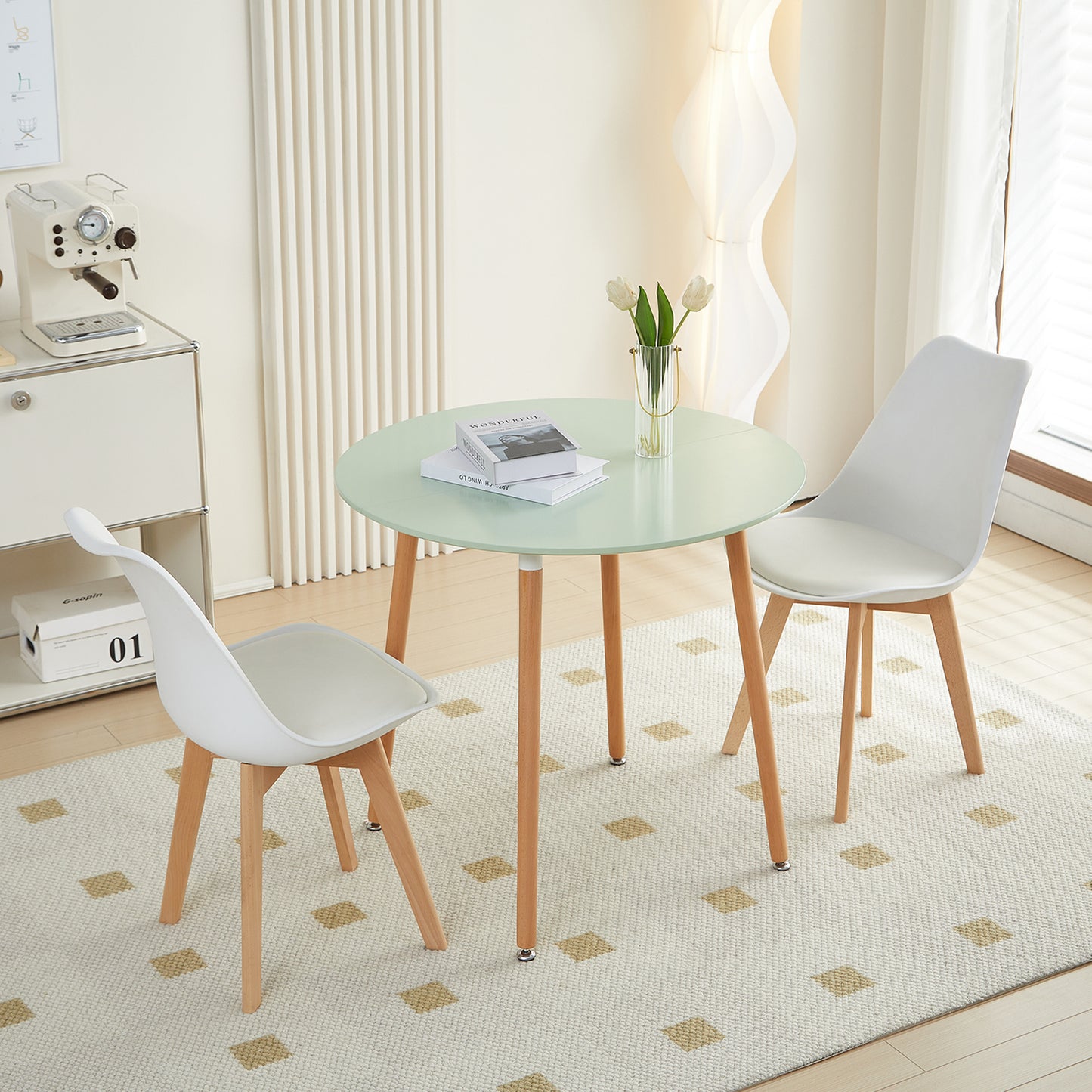 RONALD 80cm Circle Dining Table With Beech Legs - Ice Cream Green