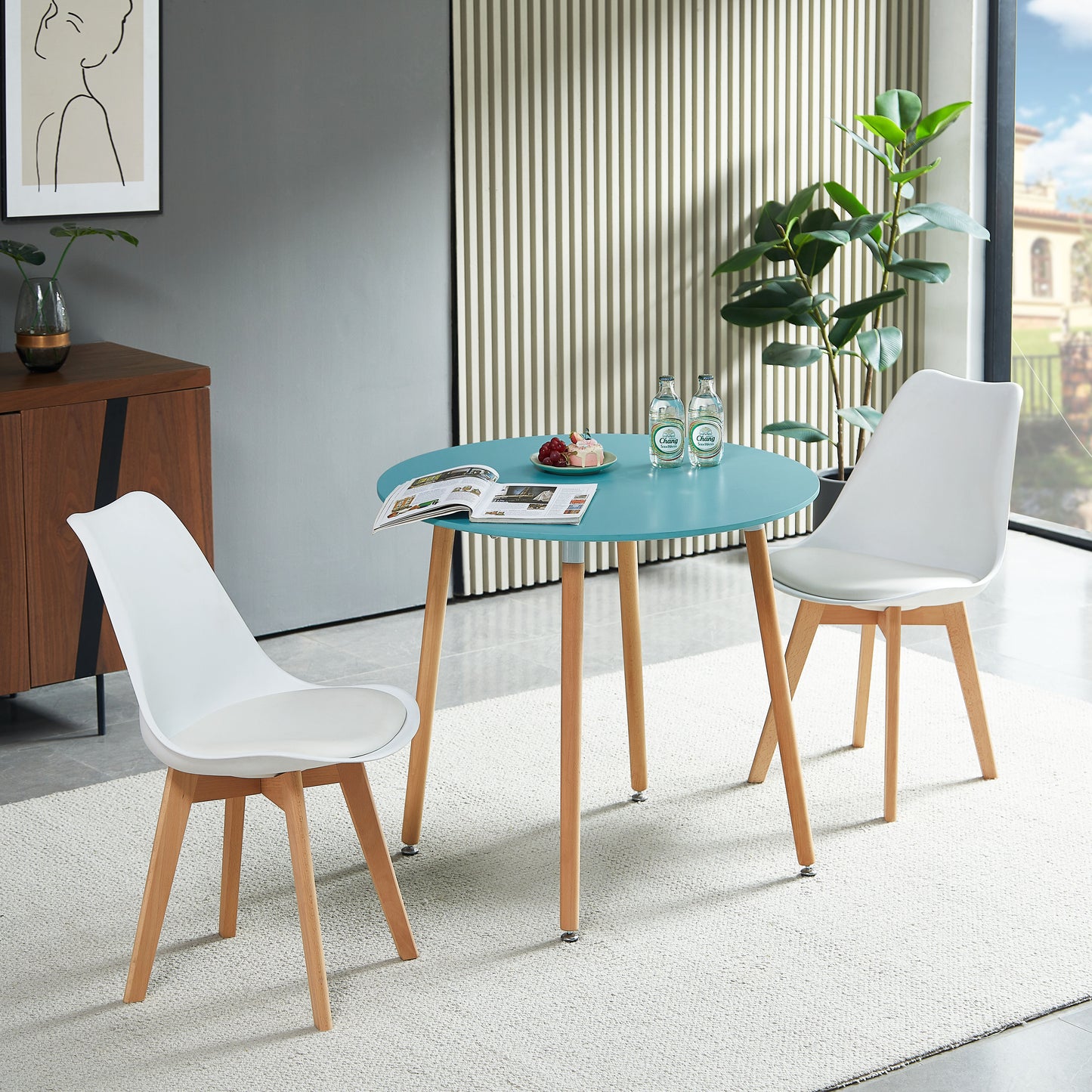 RONALD 80cm Circle Dining Table With Beech Legs - Light Blue