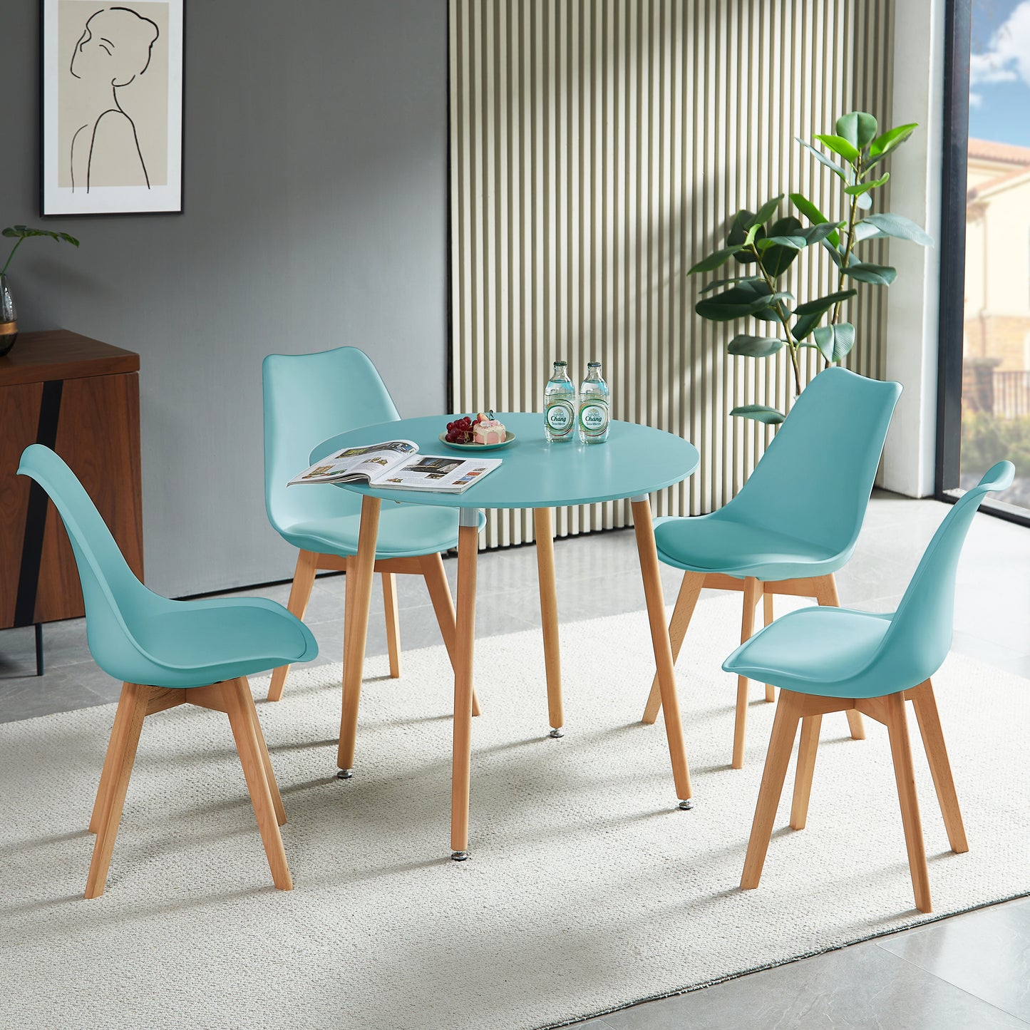 RONALD 80cm Circle Dining Table With Beech Legs - Light Blue