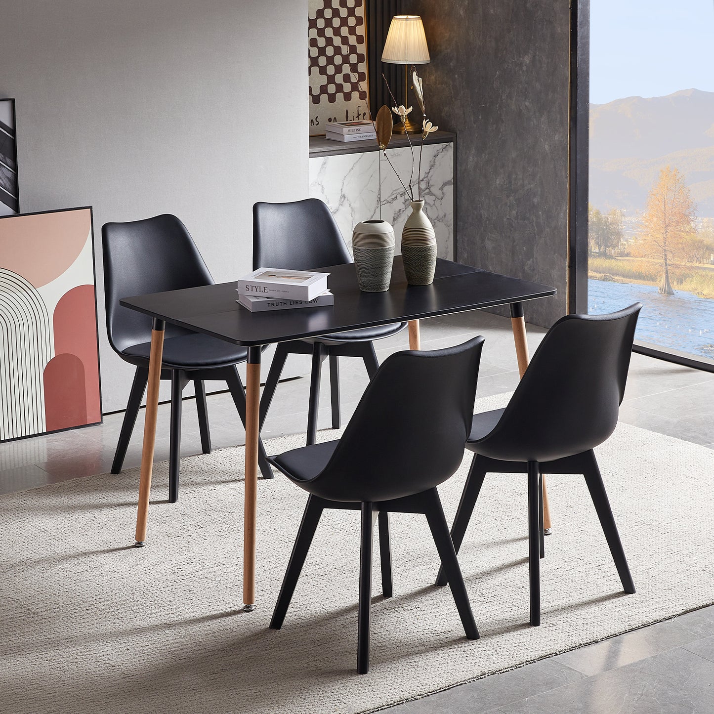 TULIP Dining Chair with Black Beech Legs - Black