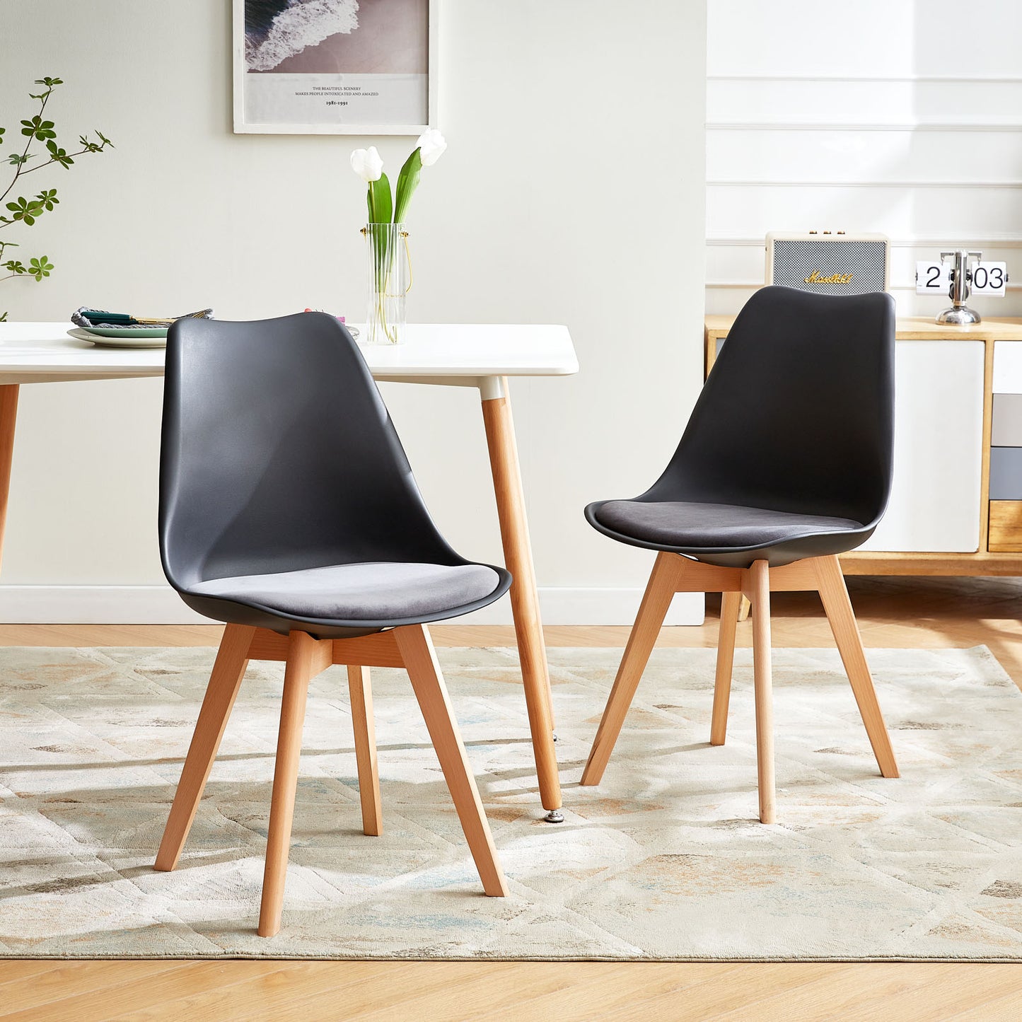 TULIP Dining Chair with Beech Legs - Black/Gray Velvet