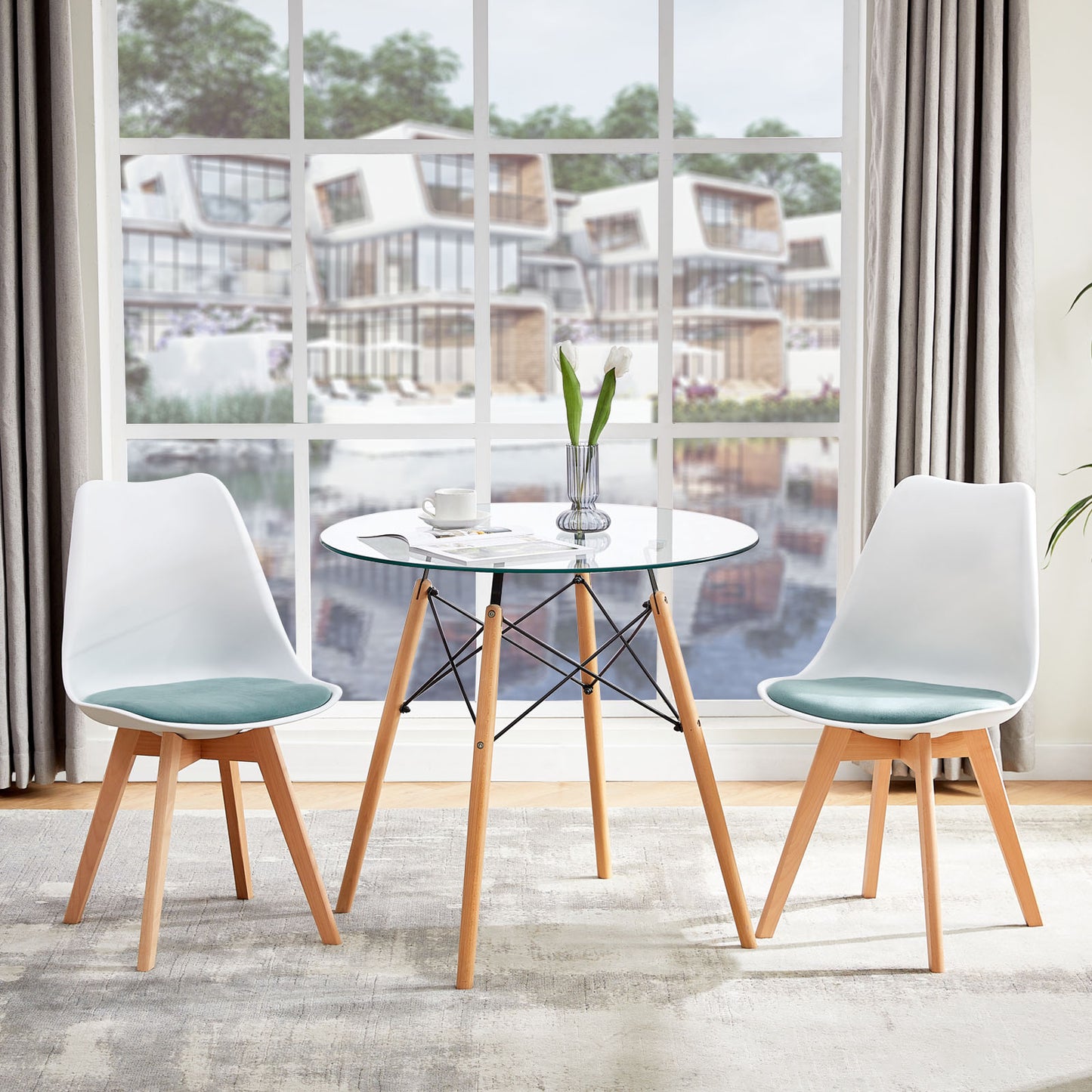 TULIP Dining Chair with Beech Legs - White/Cactus Velvet