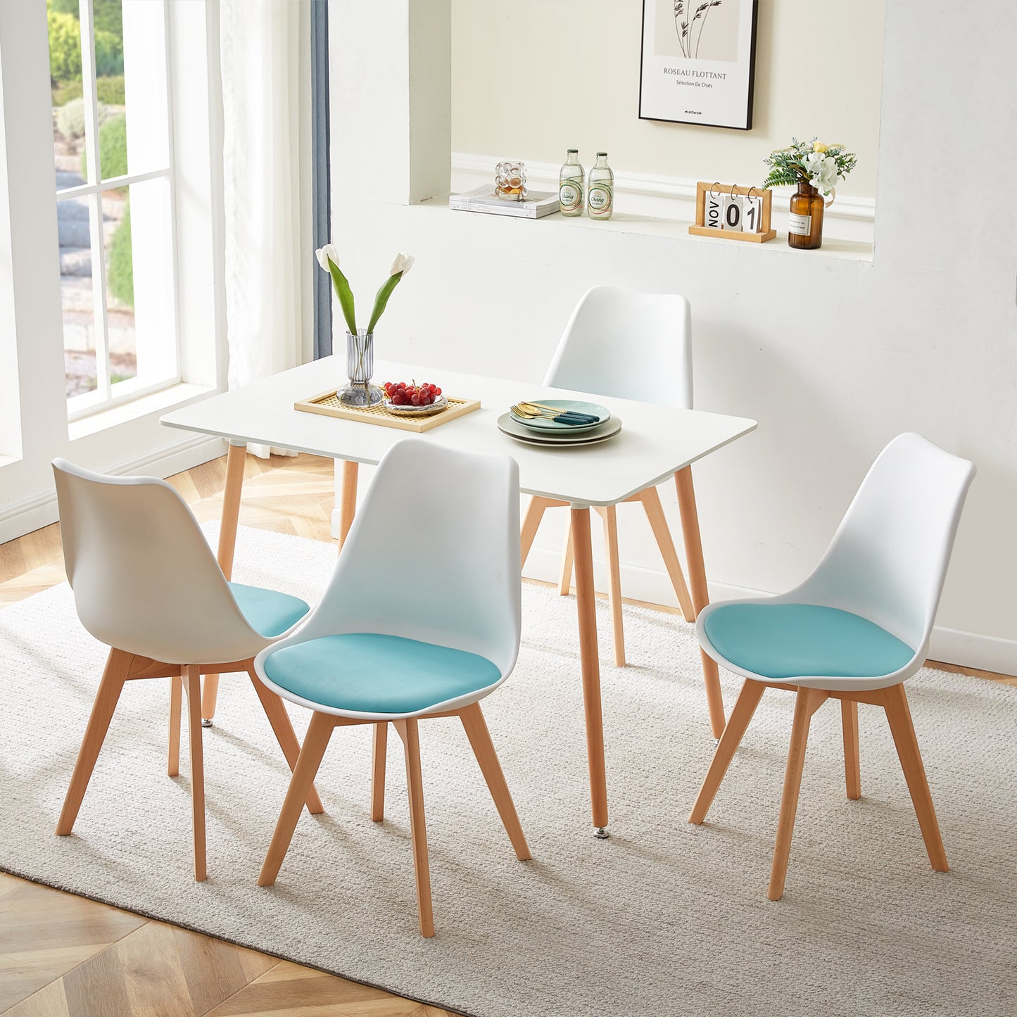 TULIP Dining Chair with Beech Legs - White/Light Blue