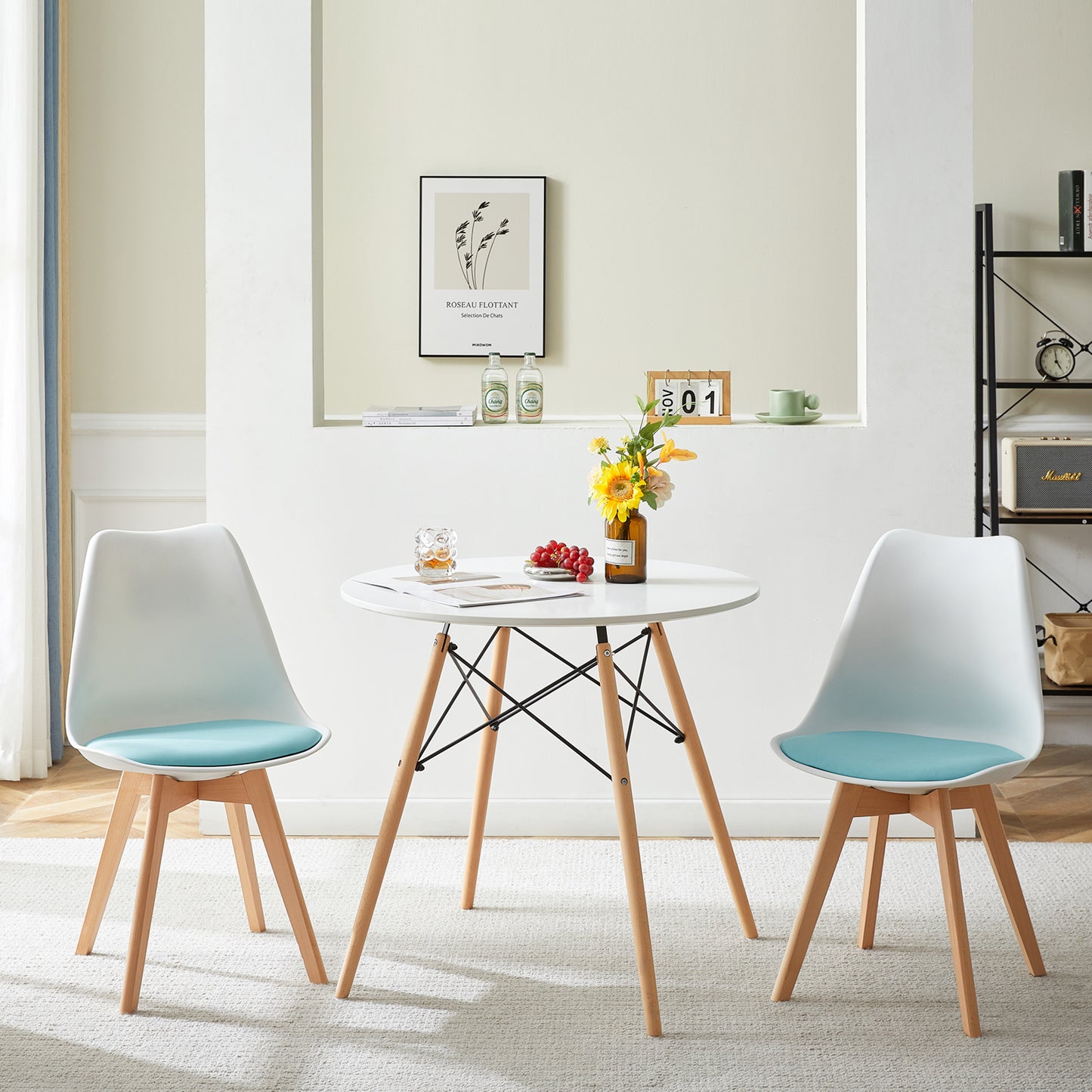 TULIP Dining Chair with Beech Legs - White/Light Blue