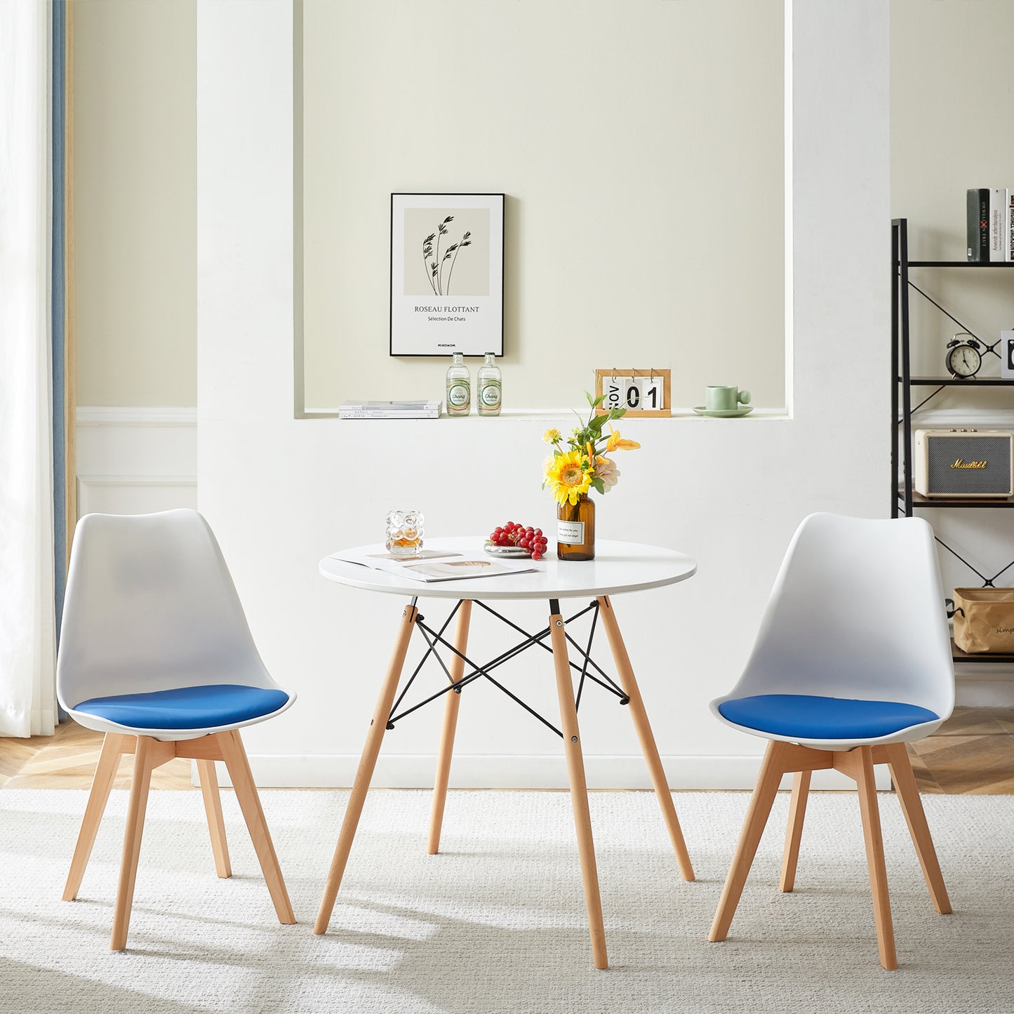 TULIP Dining Chair with Beech Legs - White/Royal Blue