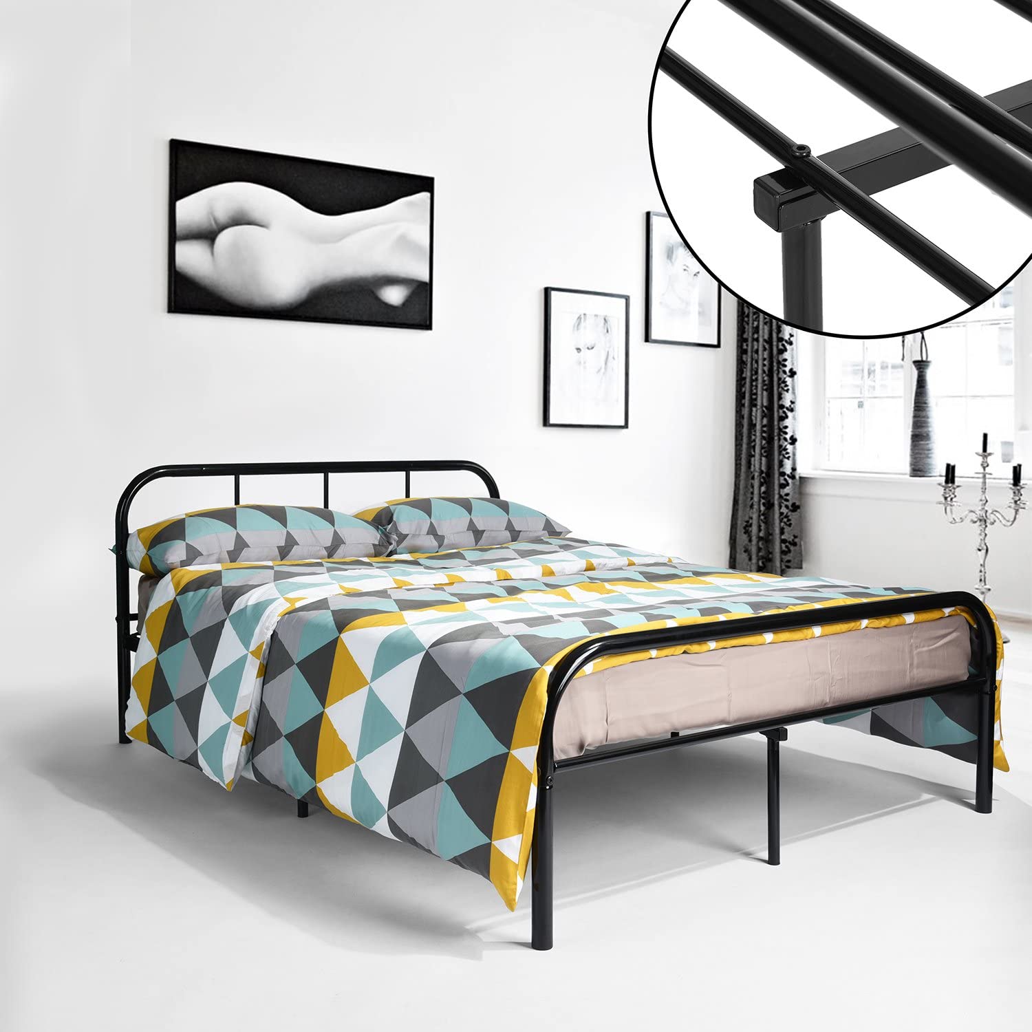 Tall black metal bed shop frame