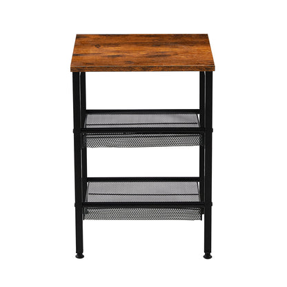 PULP End Table Nightstand with 2 Mesh Shelves Industrial Side Table - Brown