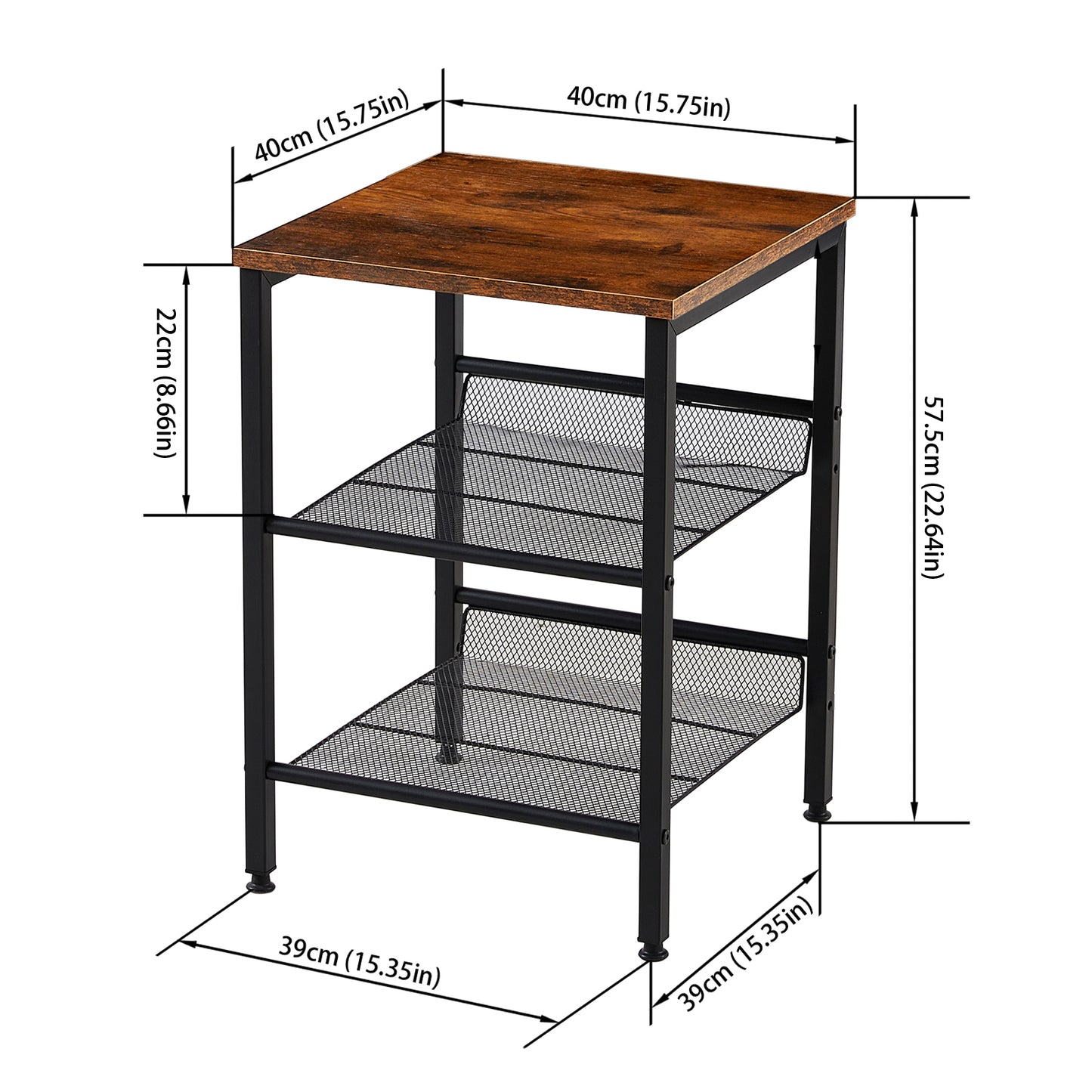 PULP End Table Nightstand with 2 Mesh Shelves Industrial Side Table - Brown