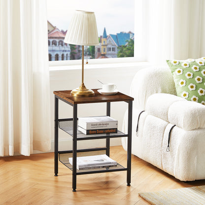 PULP End Table Nightstand with 2 Mesh Shelves Industrial Side Table - Brown