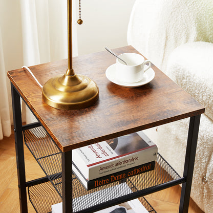 PULP End Table Nightstand with 2 Mesh Shelves Industrial Side Table - Brown