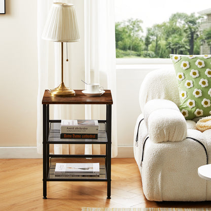 PULP End Table Nightstand with 2 Mesh Shelves Industrial Side Table - Brown